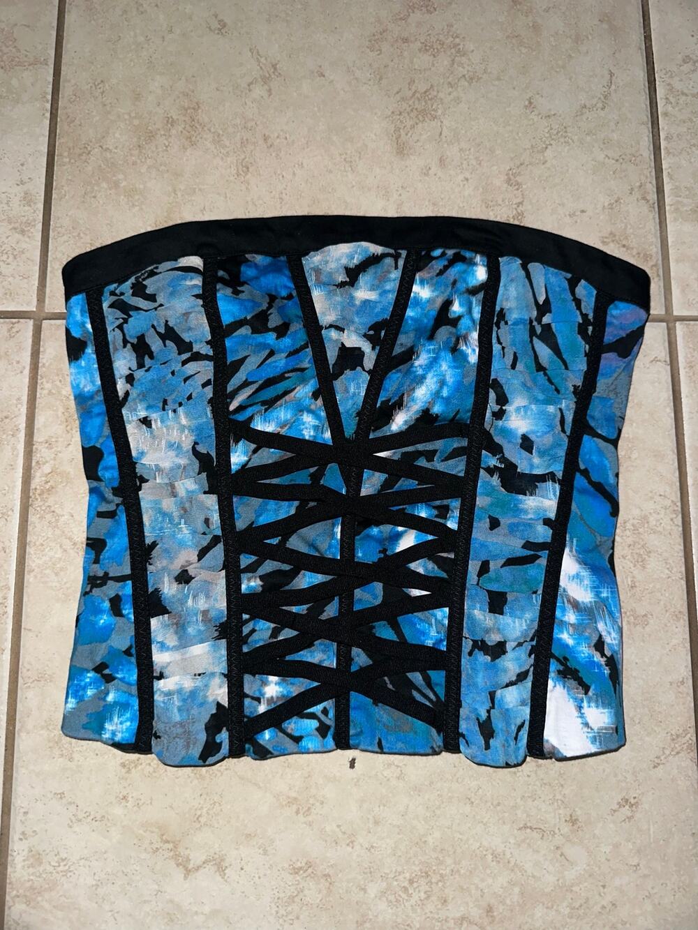 Y2K bebe Blue Floral Lace-Up Strapless Corset Top XS